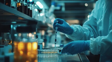 Image of a doctor preparing a syringe in a laboratory. Bright lighting and equipment create a clean and professional atmosphere.