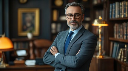 Fototapeta premium Portrait of a lawyer standing next to a desk With studio lamps that emphasize clarity and create a trustworthy atmosphere
