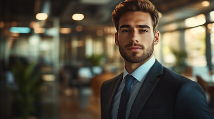 Portrait of a young businessman in a suit standing in an office. Sharp studio lighting emphasizes confidence and professionalism.