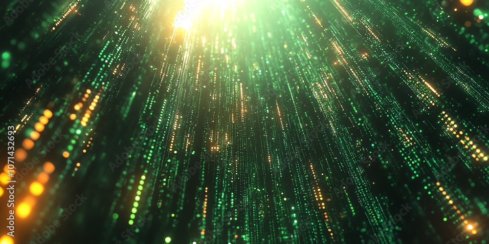 Poster abstract digital background with a bright light source and green and gold particles.