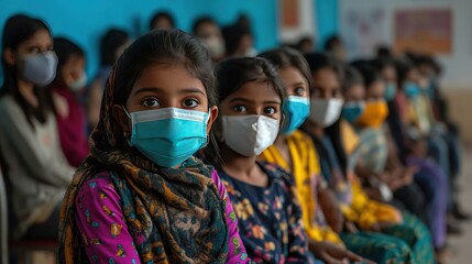 Students wearing masks sit in a row waiting to receive a vaccine in a school hall. Teachers and staff ensure that the atmosphere is safe and systematic.
