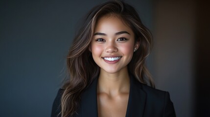 Obraz premium Young woman in office attire standing smiling in a studio. The lighting makes her face look bright and trustworthy in a professional way.