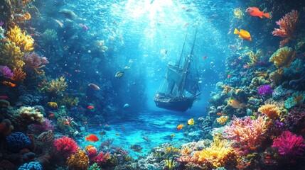 Fototapeta premium Sunbeams and Sunken Ship: A Vibrant Underwater World