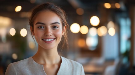 Obraz premium Young woman in office attire standing smiling in a studio. The lighting makes her face look bright and trustworthy in a professional way.