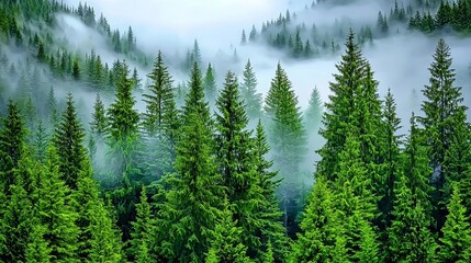 Fototapeta premium Dense pine trees emerging through mist, early morning ambiance, dreamy forest scenery with fog layers