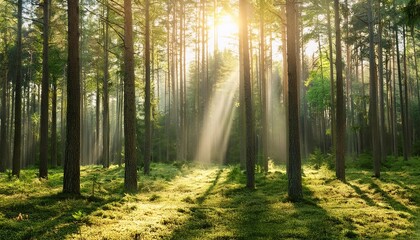 A beautiful view of a forest with sunbeams shining through the trees, creating a magical and peaceful atmosphere.