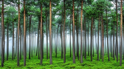 Fototapeta premium Mystical pine forest shrouded in morning mist, ethereal landscape with fog, soft green hues, tranquil nature setting