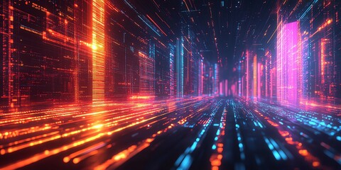 Abstract digital city with glowing neon lights.