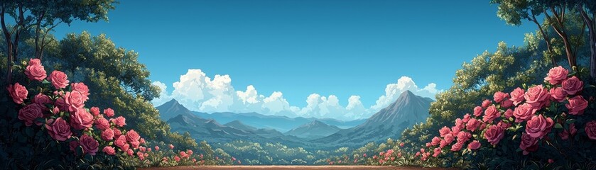 Fototapeta premium Stunning rose bushes under a clear sky, anime illustration with scenic mountain and forest background, vibrant colors