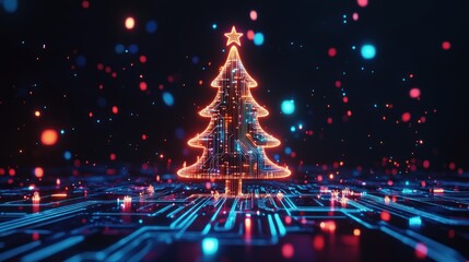 Neon Christmas tree with glowing lines and a starry backdrop, incorporating digital circuit elements, on a dark background for a unique tech holiday look