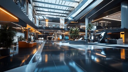 Obraz premium A futuristic train station with an undulating roof made from polished aluminum siding, reflecting the trains as they come and go, enhancing the sense of motion