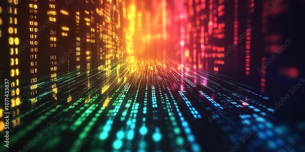 Poster abstract digital data stream with glowing colors, lines, and numbers in a futuristic background.