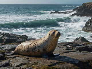 A Seal Resting on Rocky Coastline with Foamy Ocean Waves