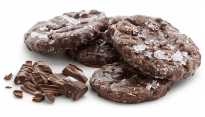Obraz premium Close-up of four chocolate chip cookies with sea salt on top, with chocolate shavings to the side.