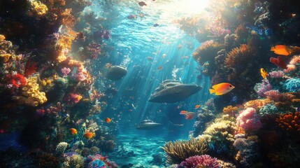 Underwater Paradise: Vibrant Coral Reef and Sunbeams