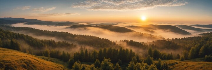 Obraz premium Aerial view of sunrise in the misty forest. Foggy golden sunset in mountains
