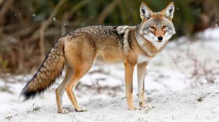 Obraz premium A lone coyote walks through a winter wonderland, navigating the snowy ground and observing its surroundings