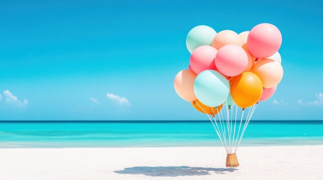 Balloons of various colors stand out against the serene backdrop of a tropical beach, with crystal-clear waters lapping at the shore