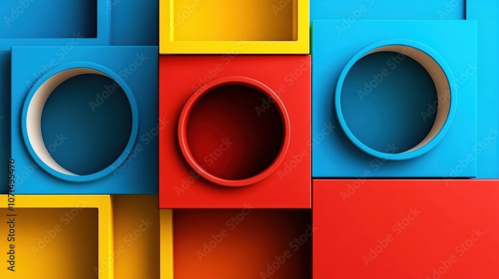 Poster brightly colored geometric blocks interlock to form a lively pattern featuring circular openings, en