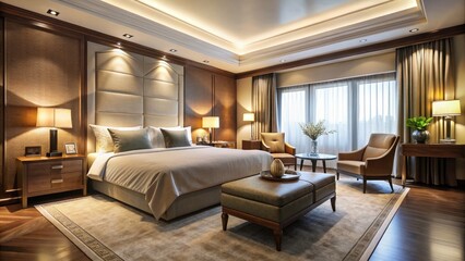 Luxurious Minimalist Hotel Room with Elegant Furnishings for Premium Accommodation, High-End Travel Experience, Serene Atmosphere, Stylish Decor, Modern Luxury, Cozy Retreat