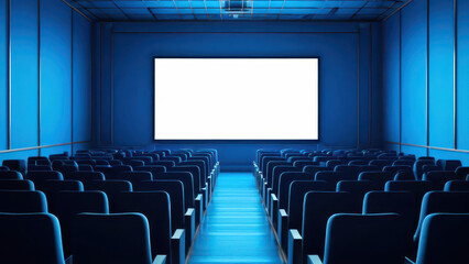 Fototapeta premium Empty of cinema in blue color with white blank screen. Mockup of hall, no people and auditorium. Generative AI