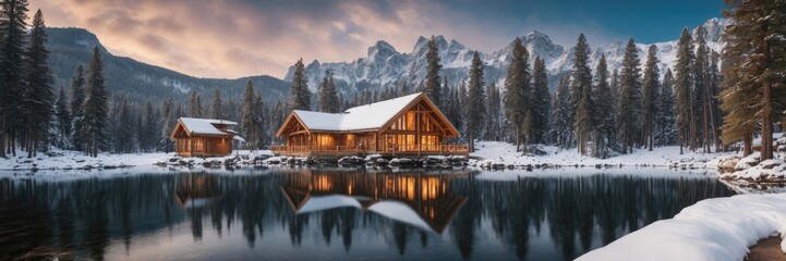 Obraz premium Beautiful view of Lake with snow covered and wooden lodge glowing in rocky mountains