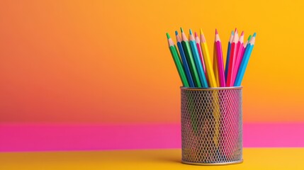 Colorful pencils stand upright in a metal cup, creating a lively display against a striking gradient backdrop of orange and pink
