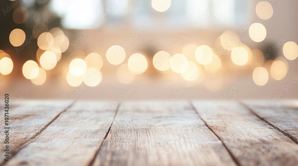 Poster a wooden table stands empty, illuminated by soft bokeh lights that create a warm and inviting atmosp