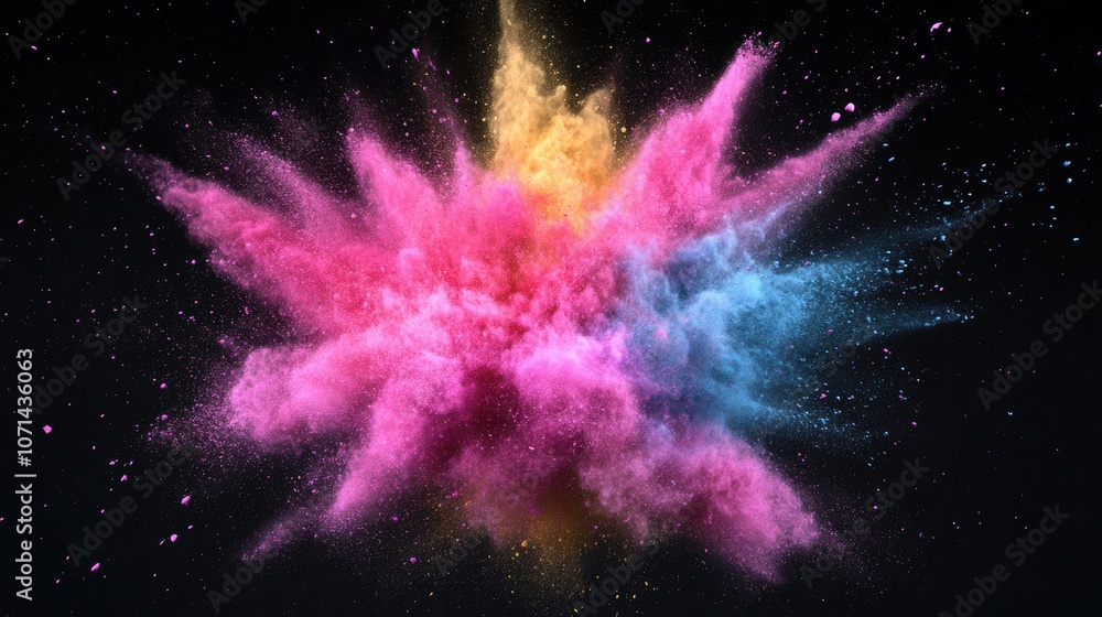 Poster a vibrant explosion of colorful powder bursts forth, creating stunning patterns that contrast dramat