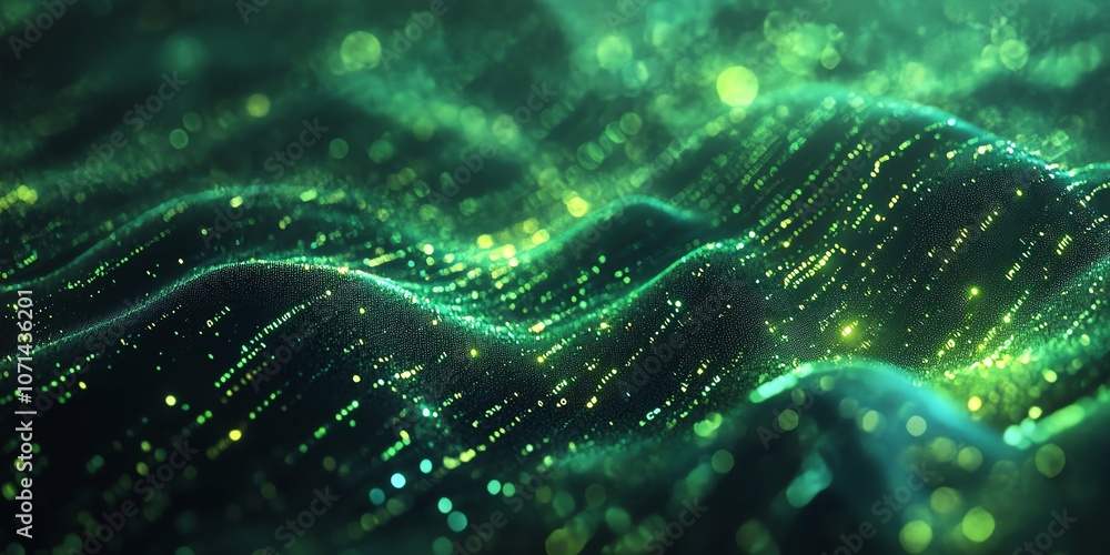 Poster abstract green and gold wave background with bokeh effect.