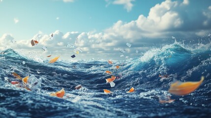 Plastic waste floating amidst ocean waves, showing the urgent environmental threat to marine habitats