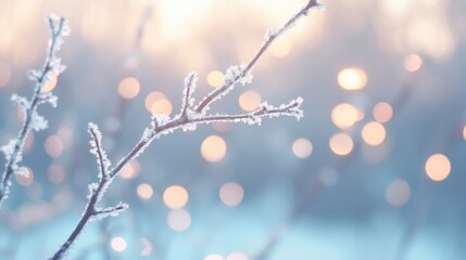 Frost-covered branches glisten as enchanting bokeh lights create a magical atmosphere in a peaceful winter landscape