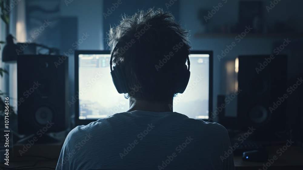 Poster a man is sitting in front of a computer with headphones on