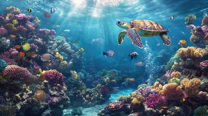 Obraz premium Sea Turtle Swimming Through Vibrant Coral Reef