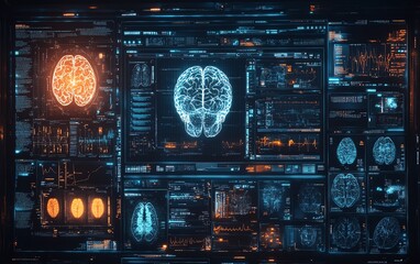 Obraz premium AIgenerated medical interface with various brain anatomy images in blue and orange hues, highlighting modern neuroscience and diagnostic technology