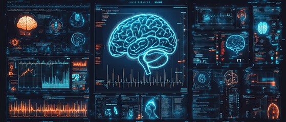 Fototapeta premium AIpowered medical interface with multiple brain anatomy images in vibrant blue and orange, illustrating cuttingedge medical imaging in neurology