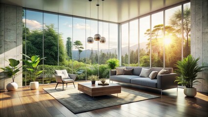 Fototapeta premium Modern Minimalist Living Room with Large Windows and Natural Light for Tranquil Spaces, Interior Design Inspiration, Cozy Atmosphere, Bright and Airy Aesthetic, Contemporary Decor Ideas