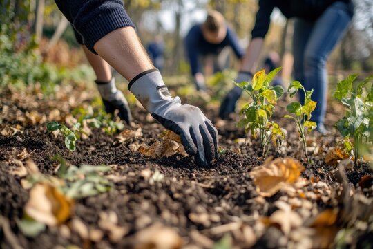 A group of volunteers planting trees in a community park, wearing gloves and working together,