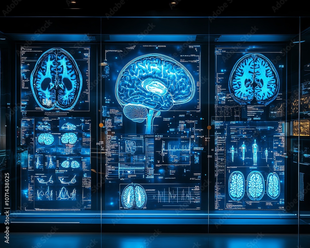 Poster hightech medical display with various brain scan images and data overlays, illuminated in blue, repr