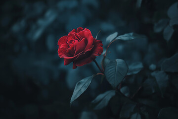 Single deep red rose with lush petals and dark green leaves in moody low light setting, symbolizing love, romance, and mystery, perfect for Valentine&rsquo;s Day, passion, and elegant floral decor