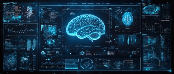 Medical display showing a variety of brain scans and overlaid data, all glowing in blue, emphasizing advanced technology in neuroscience and mental health diagnostics