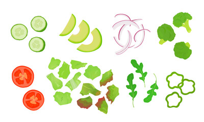 Set of cut vegetables for salad, sandwich. Cucumber, tomato, avocado, onion, lettuce, broccoli, green pepper, rucola. Hand drawn vector illustration.