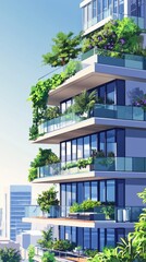 Obraz premium A luxury high-rise condominium with glass balconies, overlooking a bustling downtown area. 