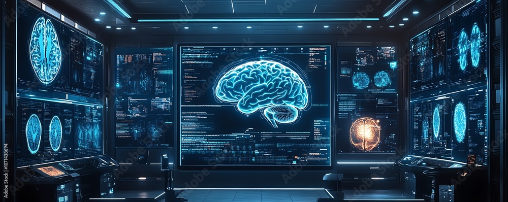 Poster a digital medical display featuring multiple brain scan images with overlaid data, in a blue color t