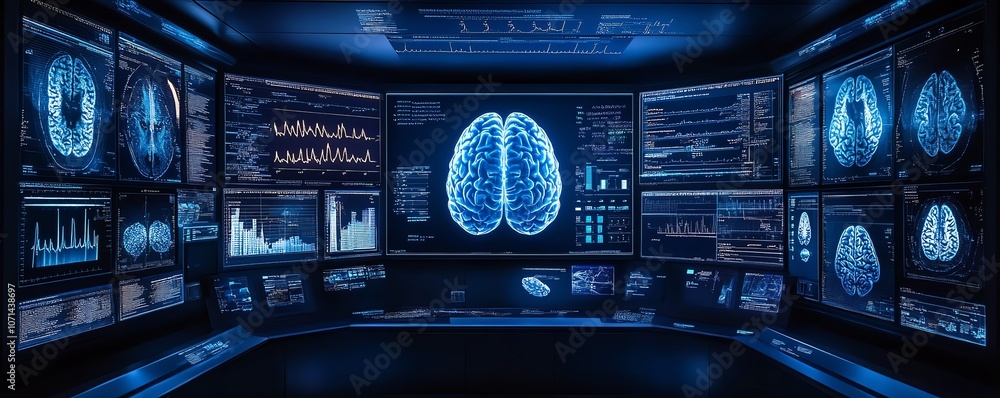 Poster a digital medical display featuring multiple brain scan images with overlaid data, in a blue color t