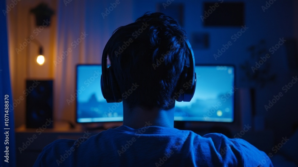 Poster a man is sitting in front of a computer with a blue screen and headphones on