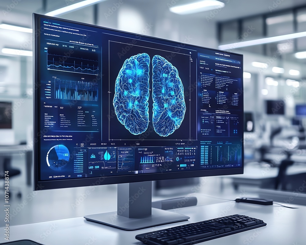Poster a futuristic medical display showing brain scan images with blue overlay data, highlighting cuttinge
