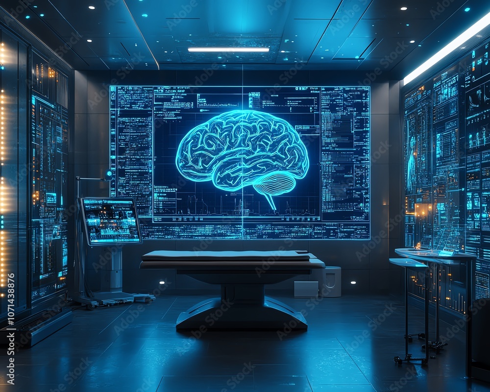 Poster a futuristic medical display showing brain scan images with blue overlay data, highlighting cuttinge