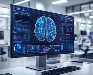 A futuristic medical display showing brain scan images with blue overlay data, highlighting cuttingedge technology in mental health and neurology research
