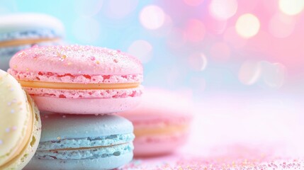 Obraz premium A selection of vibrant macarons sits harmoniously on a gradient surface, showcasing delicate colors and sweet allure
